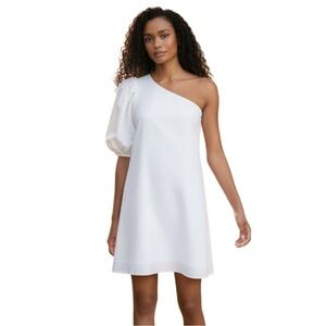 Bar III Mini‎ Dress, Asymmetrical One-Shoulder Puff Sleeve, White, Size XL